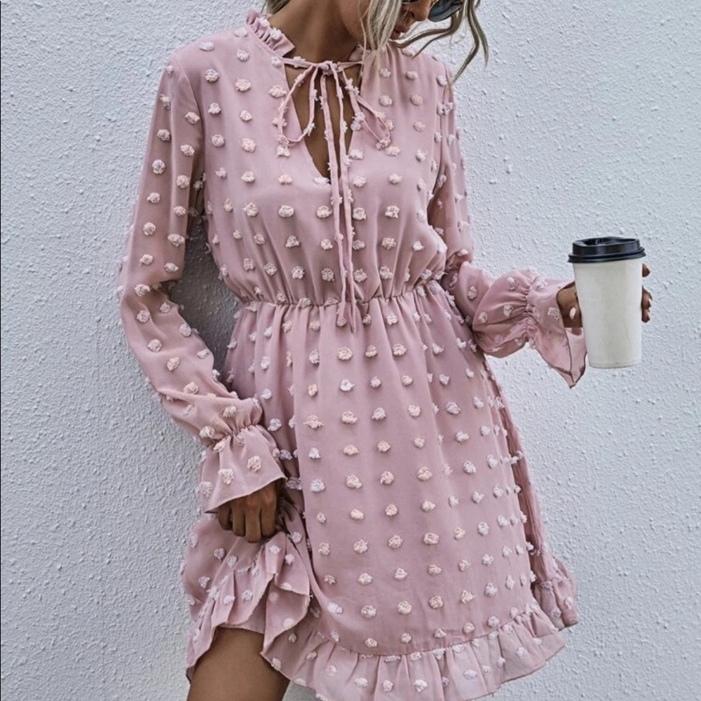 Boho Swiss dot tie neck ruffle hem dress - Picture 5 of 5